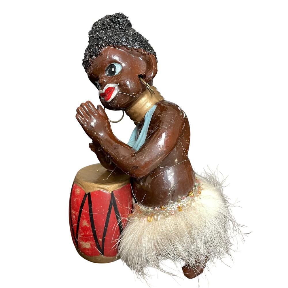Vintage African Tribal Man Playing Drum Figurine Ceramic Mid Century Japan
